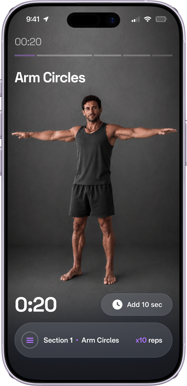 A Simple Move session in progress — the AI‑generated coach demonstrating Arm Circles, with the timer and current section on screen